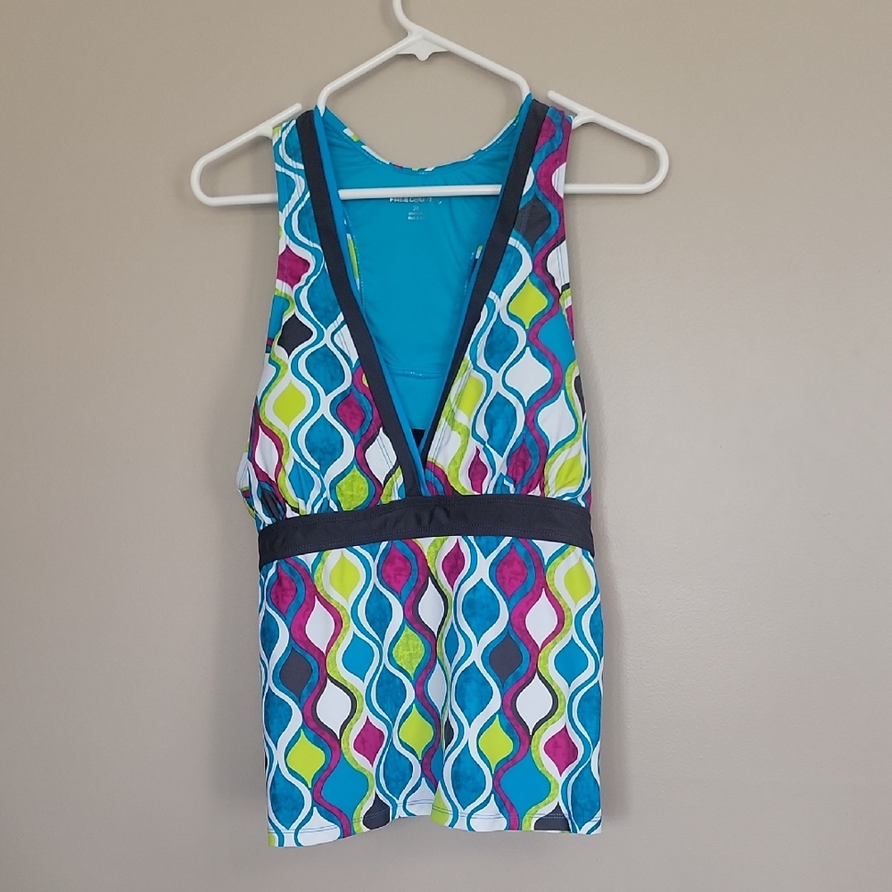 Free Country Blue Magenta Green White Black Tankini Swim Top Size 2X  NWT